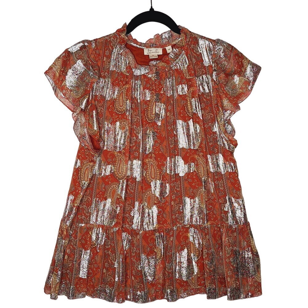 Anthropologie Let Me Be Vanna Shimmer Paisley Top Flutter Sleeve Pleated Medium